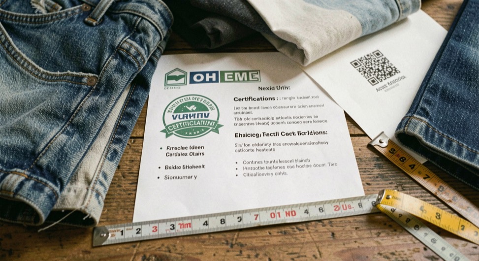 A detailed editorial still life of textile certifications and claims compared with denim, paper and measuring marks