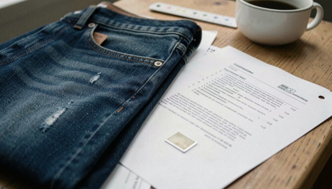 A detailed editorial still life of colourfastness testing for denim with denim, paper and measuring marks
