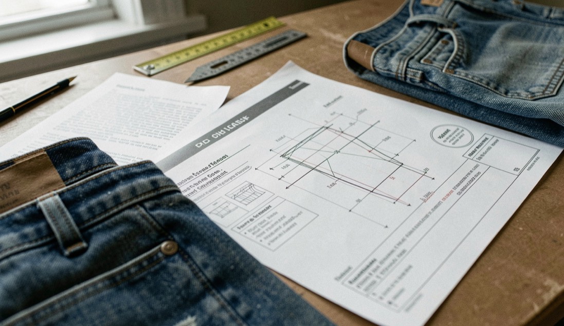 A detailed editorial still life of how to read a denim fabric tech pack with denim, paper and measuring marks