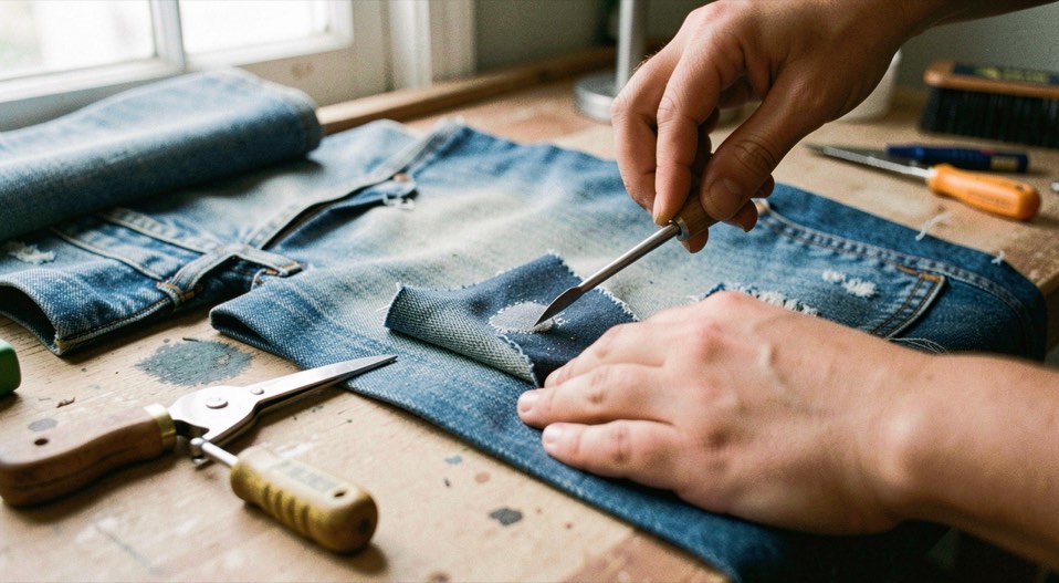 A tactile scene showing colourfastness testing for denim through denim material, tools and a quiet work surface