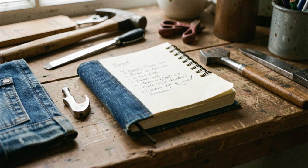 A tactile scene showing contact denim field notes through denim material, tools and a quiet work surface