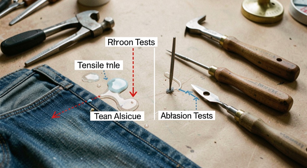 A tactile scene showing tear, tensile and abrasion tests compared through denim material, tools and a quiet work surface