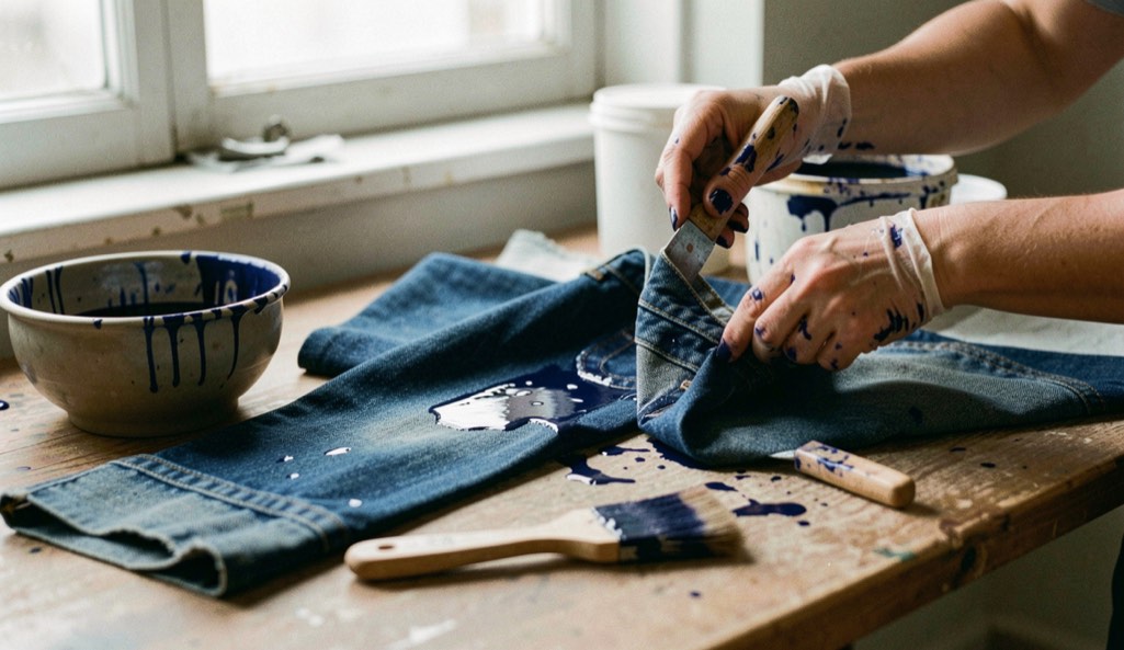 A tactile scene showing indigo dyeing basics for denim through denim material, tools and a quiet work surface