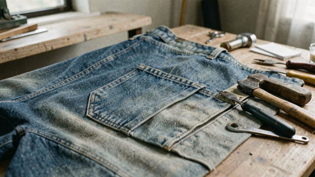 A tactile scene showing privacy through denim material, tools and a quiet work surface