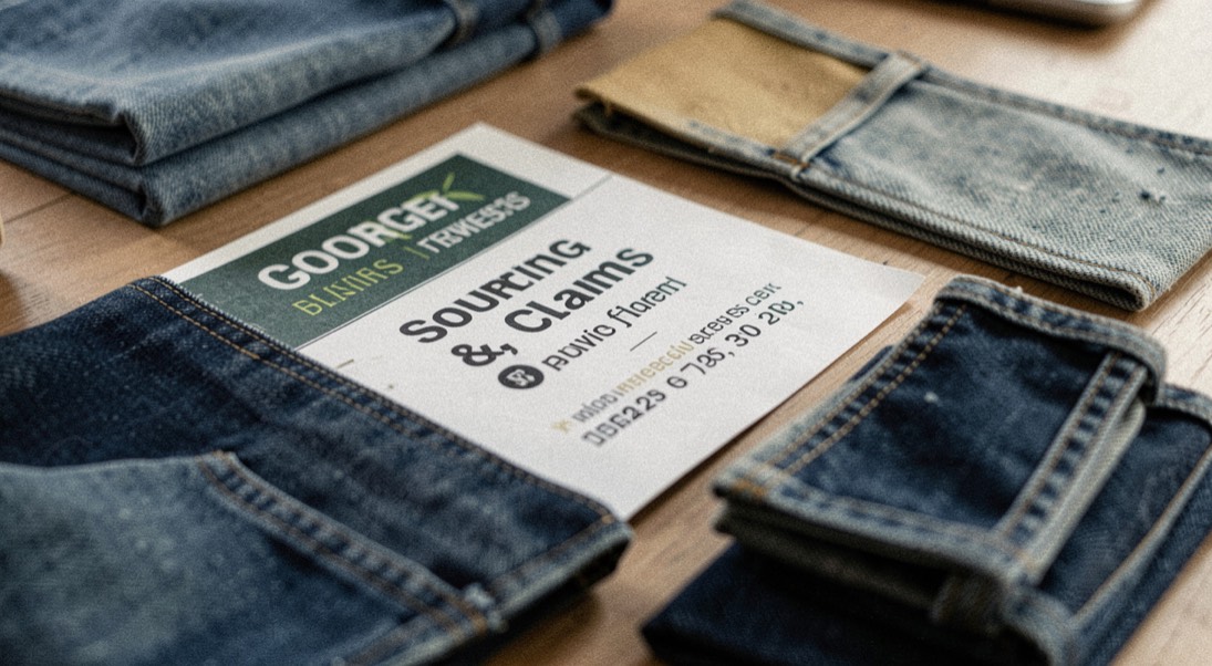 A tactile macro scene representing sourcing & claims across denim swatches